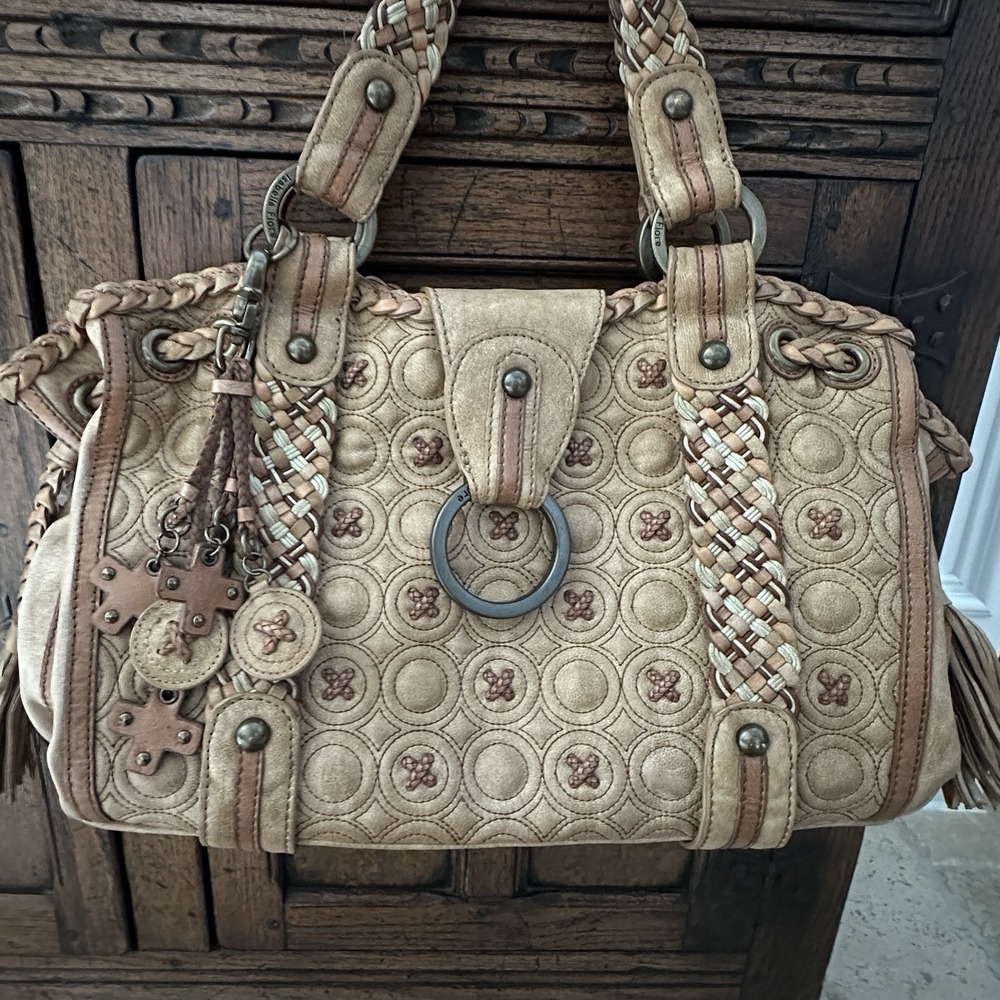 Isabella Fiore Hugs and Kisses Large Leather Handbag Cream Y2K Boho Satchel XO